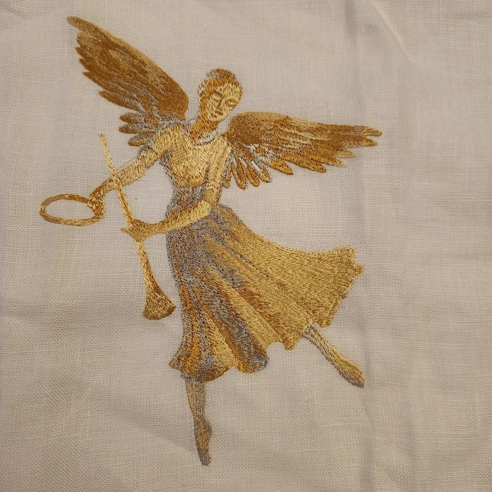 Anali Embroidered Linen Set of 2 Gold Silver Angels Trumpet White